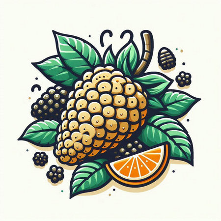 Illustration of blackberry with leafs and orange fruit on white backgroundのイラスト素材