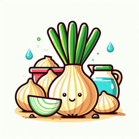 Cute cartoon onion character. Vector illustration. Vegetarian food.のイラスト素材