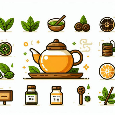 Tea icon set with teapot and herbs. Vector illustration.のイラスト素材