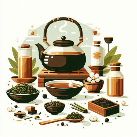 Chinese tea ceremony. Vector illustration of teapot, cups, bowls, teacups, tea leaves.のイラスト素材