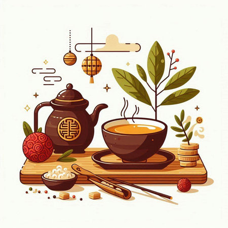 Chinese tea ceremony. Vector illustration of Chinese tea ceremony with teapot and cups.のイラスト素材