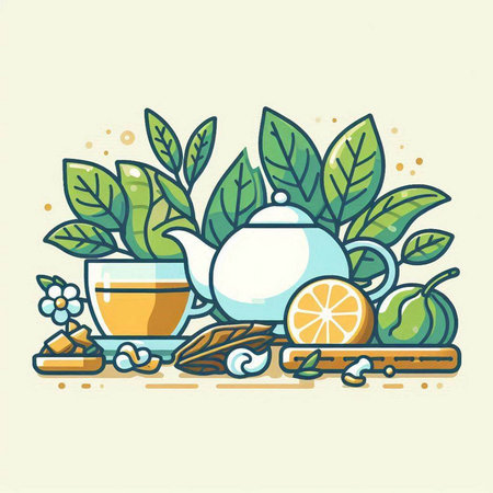 Vector illustration of green tea with lemon and mint. Hand drawn line art.のイラスト素材