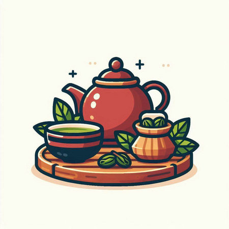 tea and teapot on a wooden tray. vector illustrationのイラスト素材