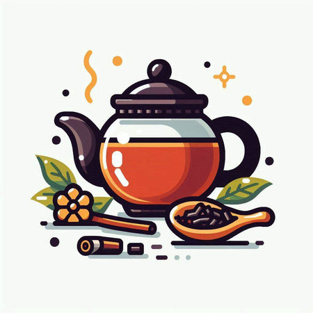 Cup of tea with teapot and cinnamon. Vector illustration.のイラスト素材