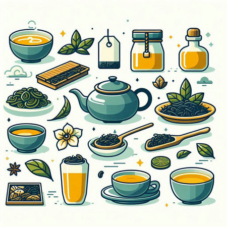 Vector illustration of a set of different types of tea in flat styleのイラスト素材