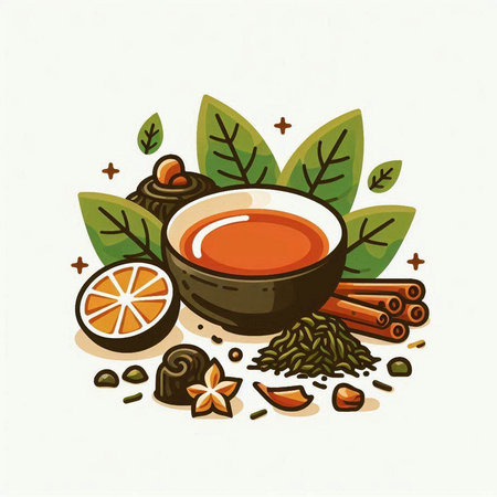 Illustration of green tea with cinnamon, cloves, star anise and orangeのイラスト素材