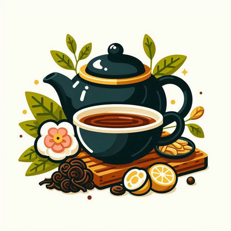 Cup of tea with lemon, cinnamon and cloves. Vector illustration.のイラスト素材