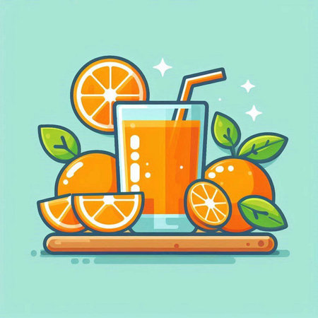 Orange juice in a glass with slices of orange and leaves. Vector illustration.のイラスト素材