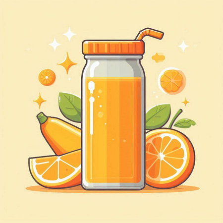 Orange juice in a glass jar with a straw. Vector illustration.のイラスト素材