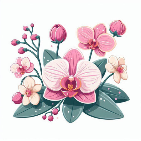 Orchid flower bouquet. Floral vector illustration isolated on white background.のイラスト素材