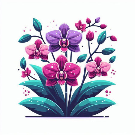 Beautiful purple orchid flowers with green leaves. Vector illustration.のイラスト素材