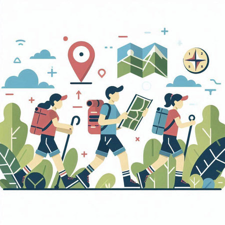 Vector illustration of a group of people walking in the park with a map and compassのイラスト素材