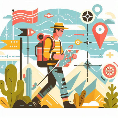 Tourist with a backpack on the background of a map. Vector illustrationのイラスト素材