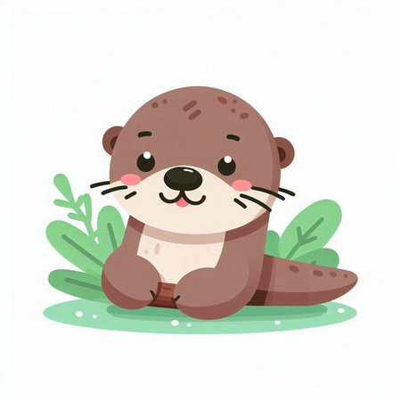 Cute cartoon otter sitting on the grass. Vector illustration.のイラスト素材