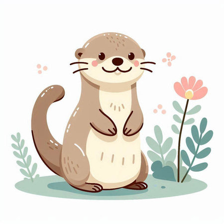 Cute otter sitting on the ground with flowers. Vector illustration.のイラスト素材