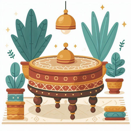 Vector illustration of arabic interior with cactus and plants.のイラスト素材