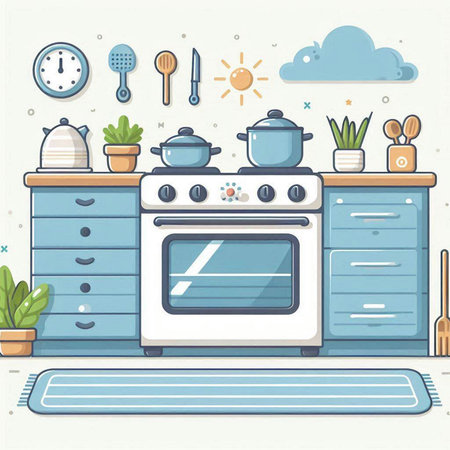 Kitchen interior. Vector illustration in flat design style. Kitchen equipment.のイラスト素材