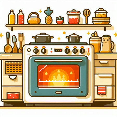 Kitchen stove with oven and utensils. Vector illustration.のイラスト素材