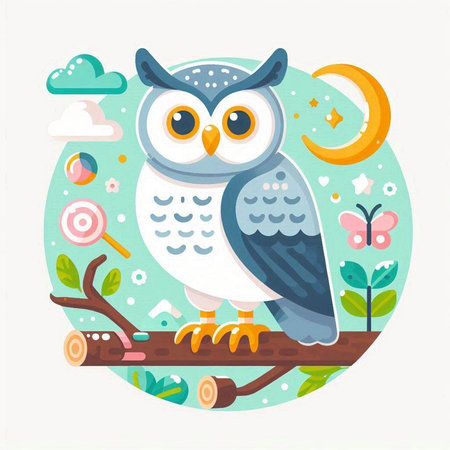 Cute cartoon owl sitting on a tree branch. Vector illustration.のイラスト素材