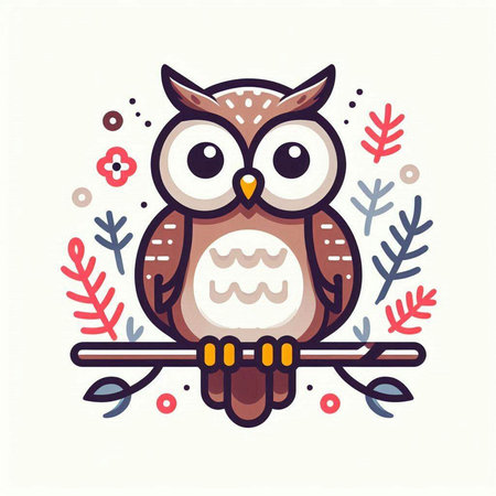 Cute cartoon owl on branch. Vector illustration in flat style.のイラスト素材