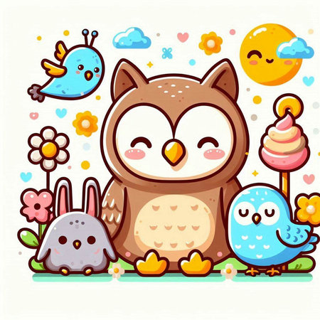 Cute cartoon owl with flowers, birds and ice cream. Vector illustration.のイラスト素材
