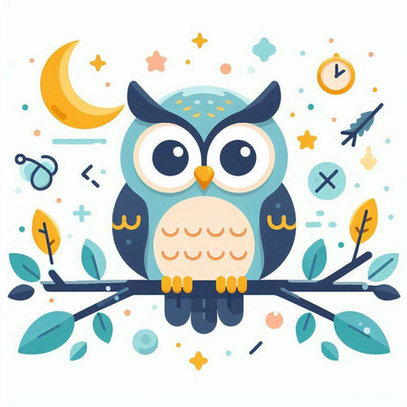 Cute cartoon owl on a branch. Vector illustration in flat style.のイラスト素材