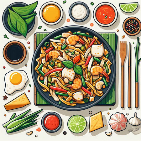 Noodles with seafood and vegetables on a plate. Vector illustrationのイラスト素材