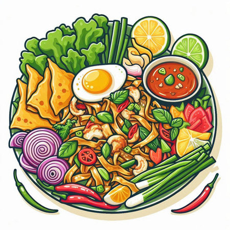 Illustration of a bowl of noodle with fried egg, vegetables and spicesのイラスト素材