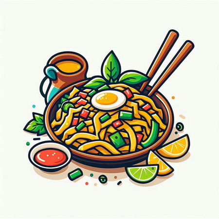 Noodles with vegetables and eggs in bowl. Vector illustration.のイラスト素材