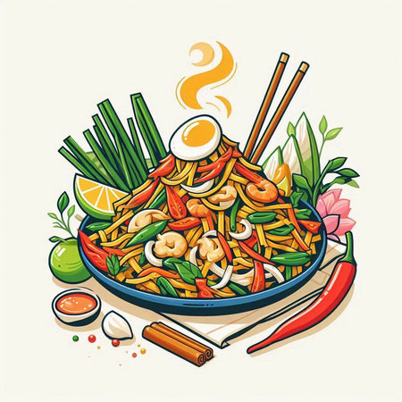Illustration of a Chinese noodle with chopsticks and vegetables.のイラスト素材