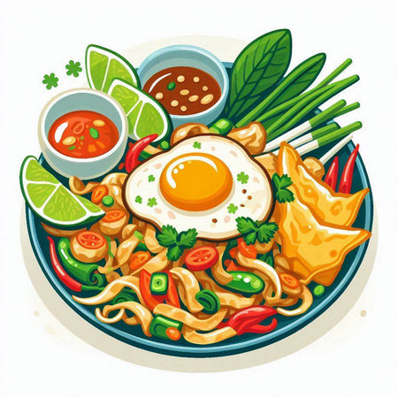 Illustration of spicy noodle with fried egg, chili and vegetablesのイラスト素材