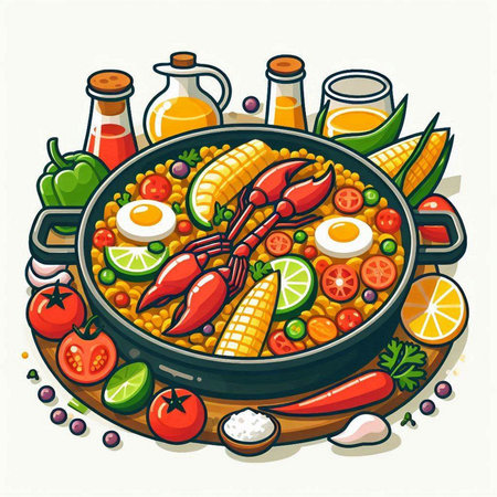 Vegetable paella in a frying pan. Vector illustration.のイラスト素材
