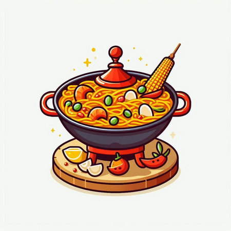 Illustration of a hot pot with noodles and vegetables on a white backgroundのイラスト素材
