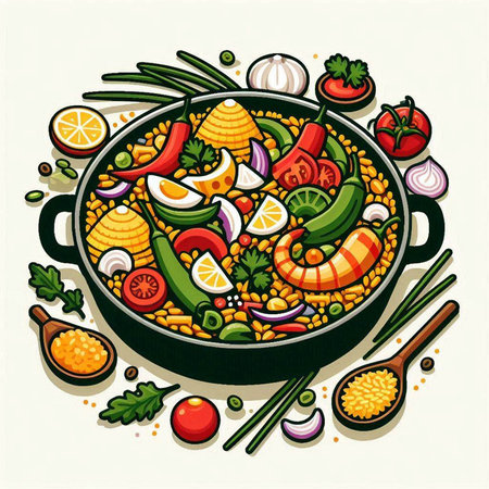 Vector illustration of a paella with prawns, vegetables and spicesのイラスト素材
