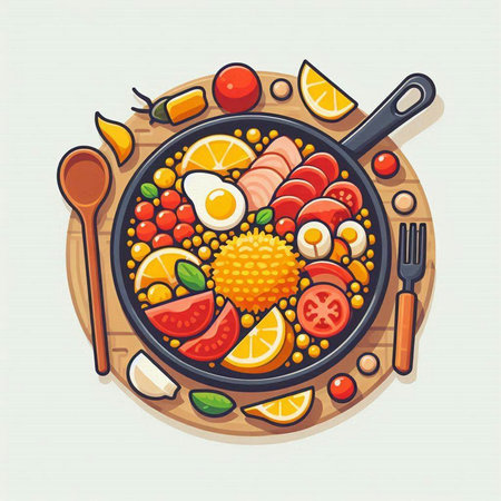 Colorful vector illustration of a paella with vegetables, fruits and meatのイラスト素材