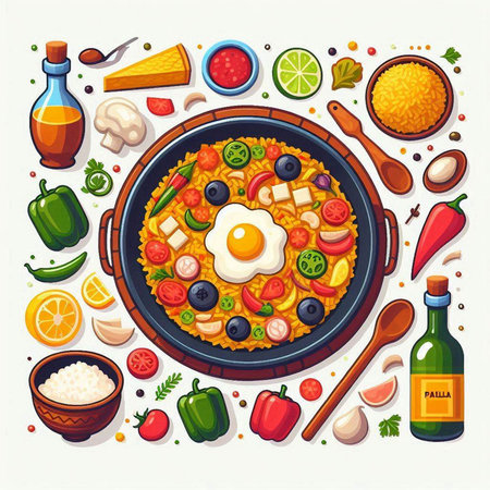 Mexican food vector illustration. Traditional mexican dish with rice, beans, vegetables, fried egg and other ingredients.のイラスト素材