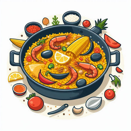 Illustration of paella in a frying pan with vegetables and seafood.のイラスト素材