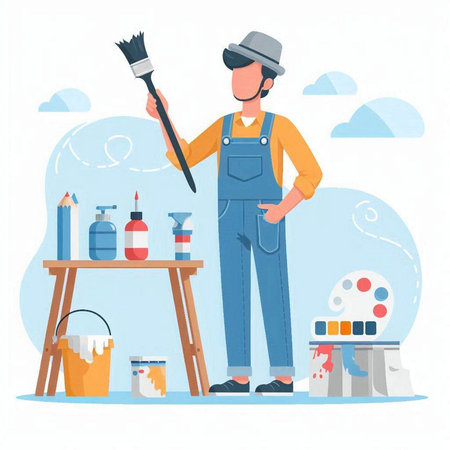 Painter vector illustration. Cartoon flat painter with paintbrush standing at the table. Painter in uniform and hat painting a pictureのイラスト素材