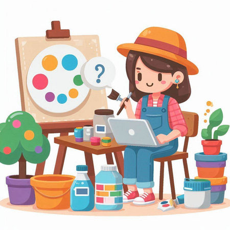 Illustration of a Little Girl Using a Laptop in her Art Studioのイラスト素材