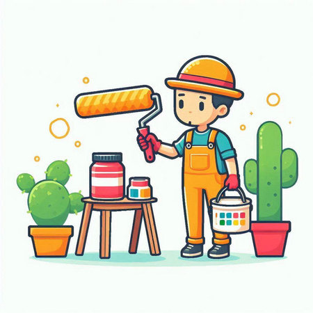 Painter with roller and paint bucket. Vector illustration in cartoon styleのイラスト素材