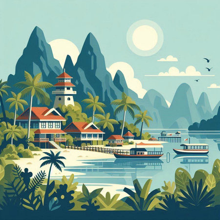 Tropical island with palm trees and boats. Vector illustration.のイラスト素材
