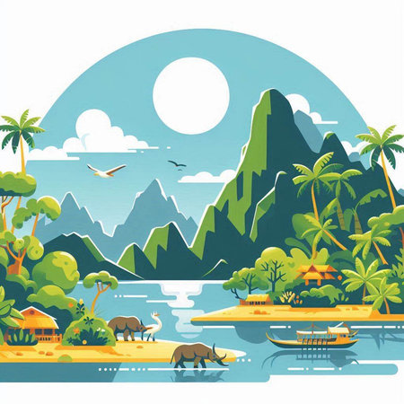 Landscape with wild animals in the jungle and mountains. Vector illustrationのイラスト素材