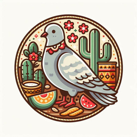 Pigeon with cactus. Vector illustration in flat style.のイラスト素材