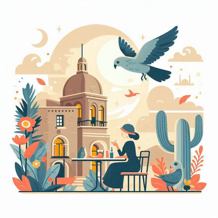 Cafe in the desert. Travel concept. Vector illustration in flat styleのイラスト素材