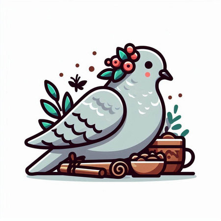 Pigeon with a wreath of flowers and a cup of teaのイラスト素材