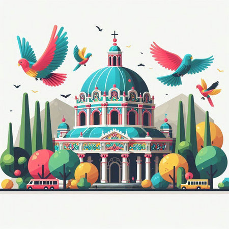 Orthodox church with pigeons in the park. Vector illustration.のイラスト素材