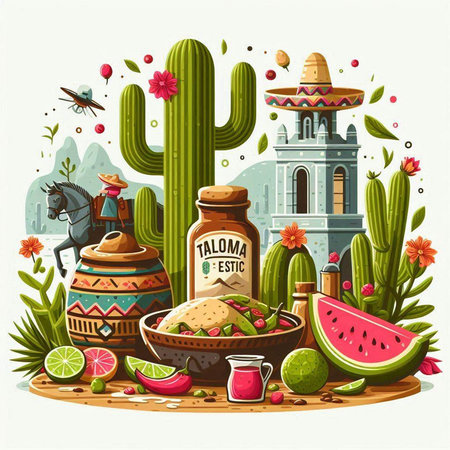 Mexican food and culture vector illustration. Traditional mexican food, tequila, tequila, guacamole, tequila, watermelon, sombrero, tequila, tequila, guacamole, tequila.のイラスト素材