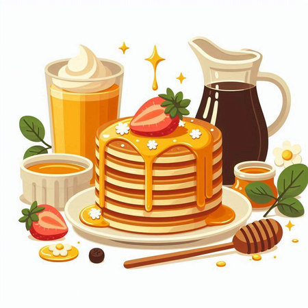 Illustration of a stack of pancakes with honey on a white backgroundのイラスト素材