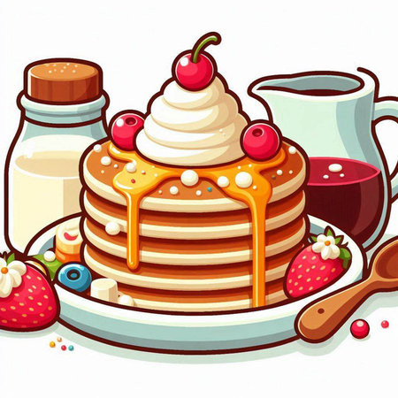 Illustration of a Stack of Pancakes with Cream and Berriesのイラスト素材