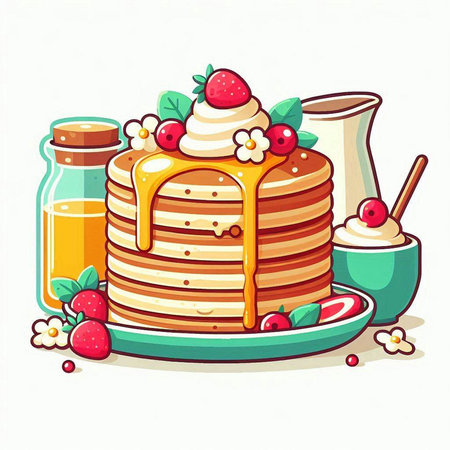 Vector illustration of a stack of pancakes with honey, berries and ice creamのイラスト素材